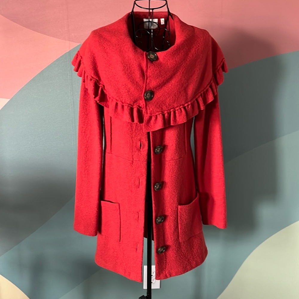 Anthropologie HWR Herlev Boiled Wool Sweater Coat Jacket Reddish Orange Small